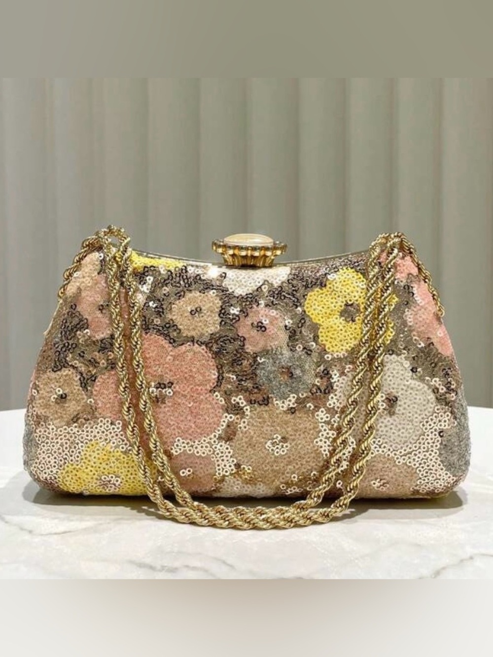 Sequin Floral Evening Clutch in Pink, Yellow & Gold